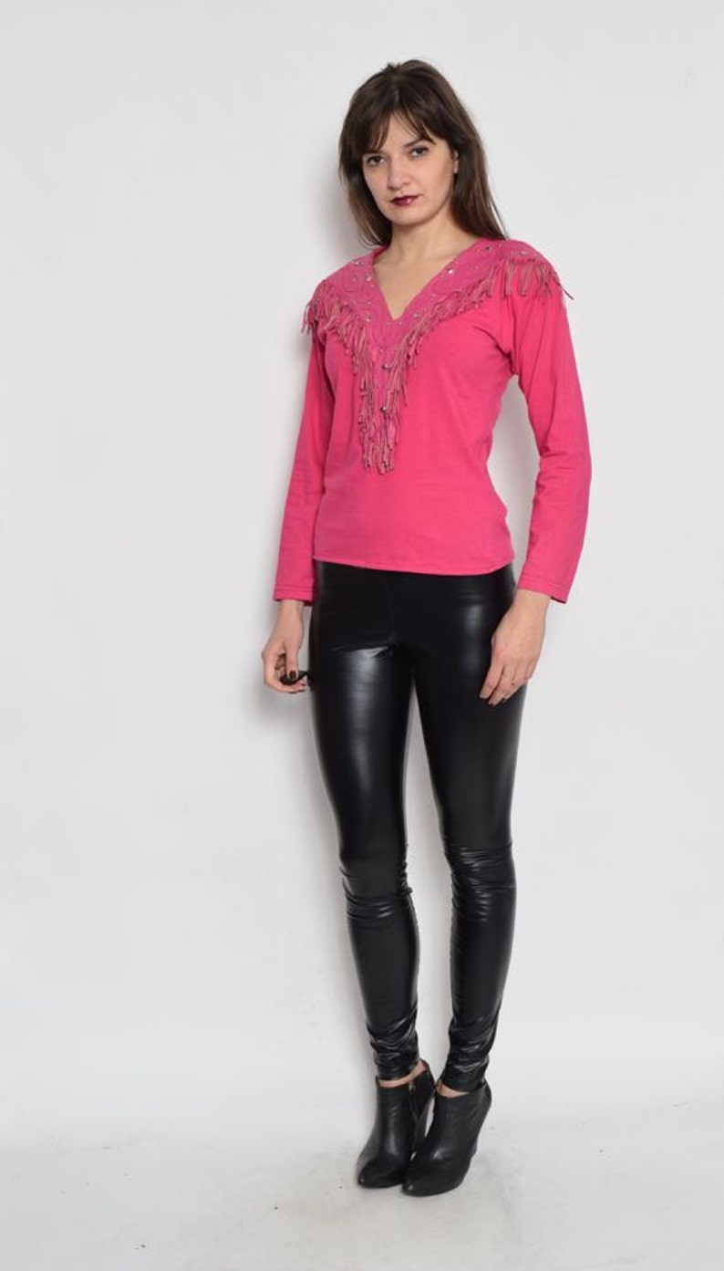 Vintage 80's Fringe Pink Long Sleeve Top image 4