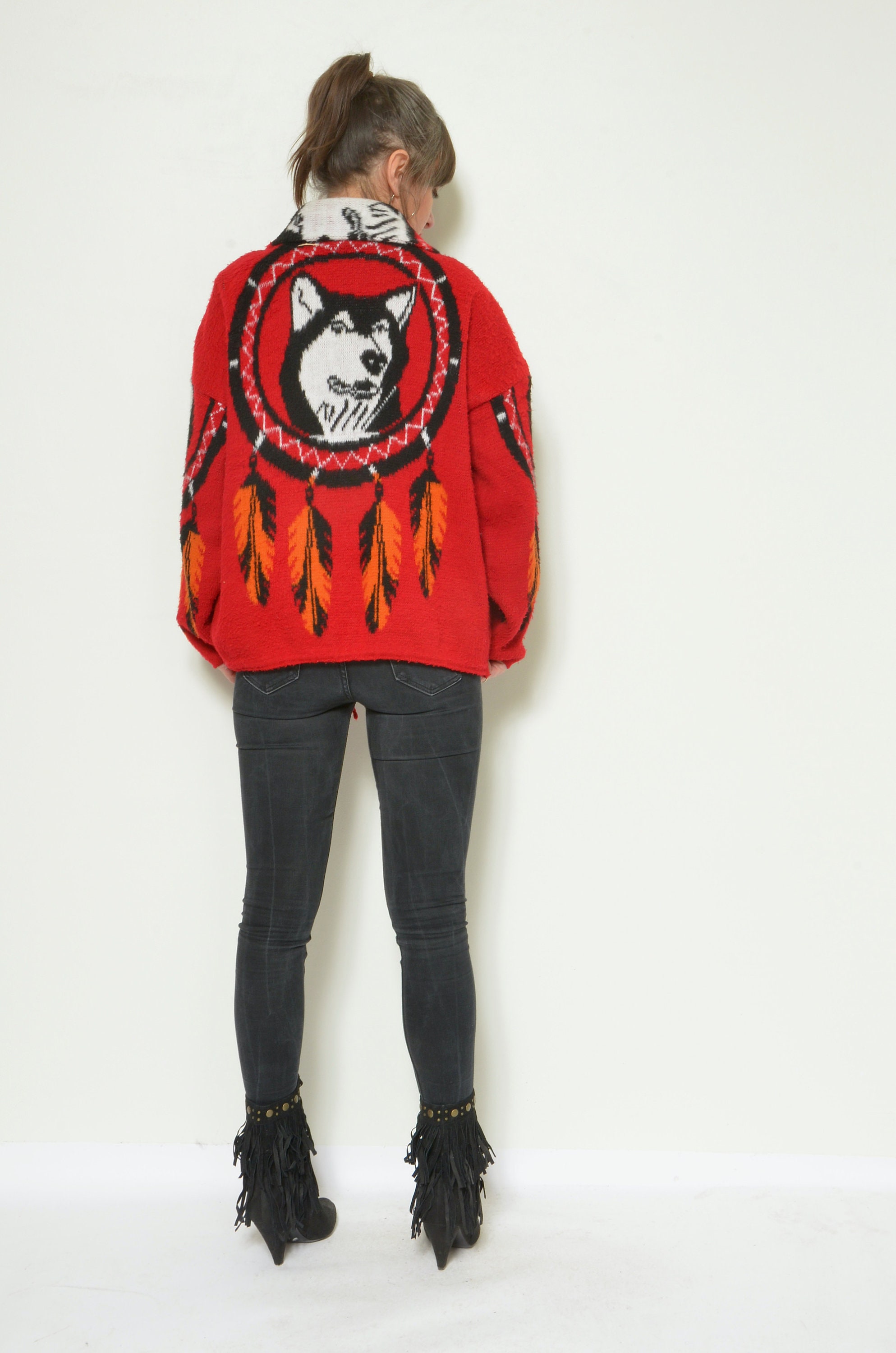 Husky Jacket / Vintage 90s Zipper Native American Style Cardigan 