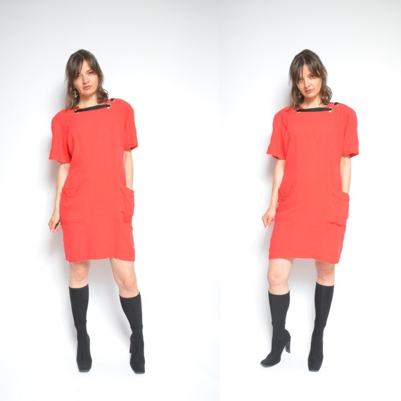 Embellished Linen Dress / Vintage 90s Short Sleev… - image 1