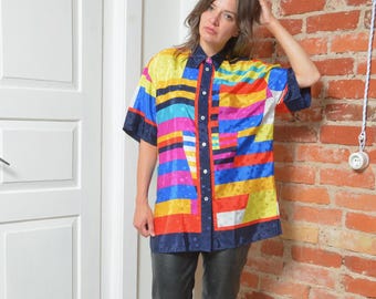 Vintage 80s Abstract Print Shirt: Colorful Satin Button-Up, Size Medium