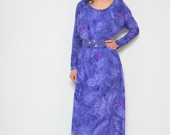 Vestido maxi floral de los 80: Vestido bohemio vintage de manga larga con cinturón - Talla mediana
