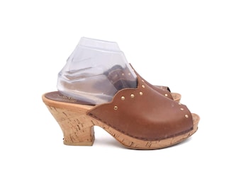 Vintage 90s Brown Leather Cork Platform Clogs - Made in Italy - Size 10 US