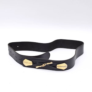 Vintage 90&#39;s Black Leather Belt with Gold Art Deco Style Ornament Buckle and Rhinestones
