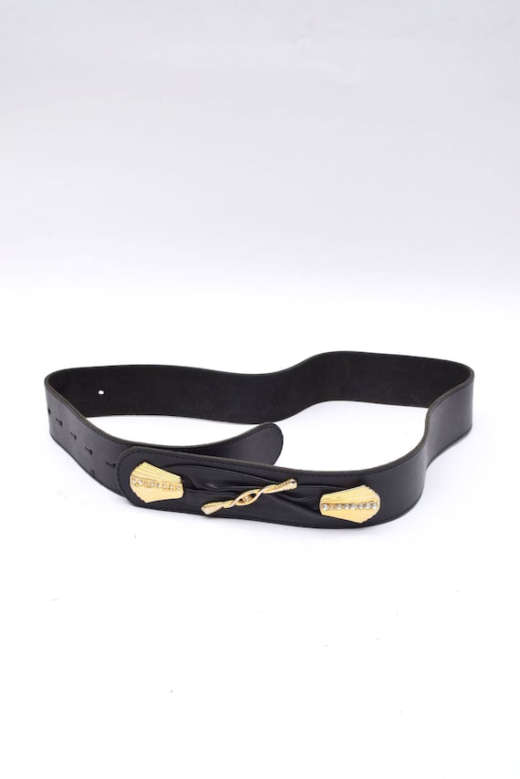 Vintage 90's Black Leather Belt with Gold Art Dec… - image 2