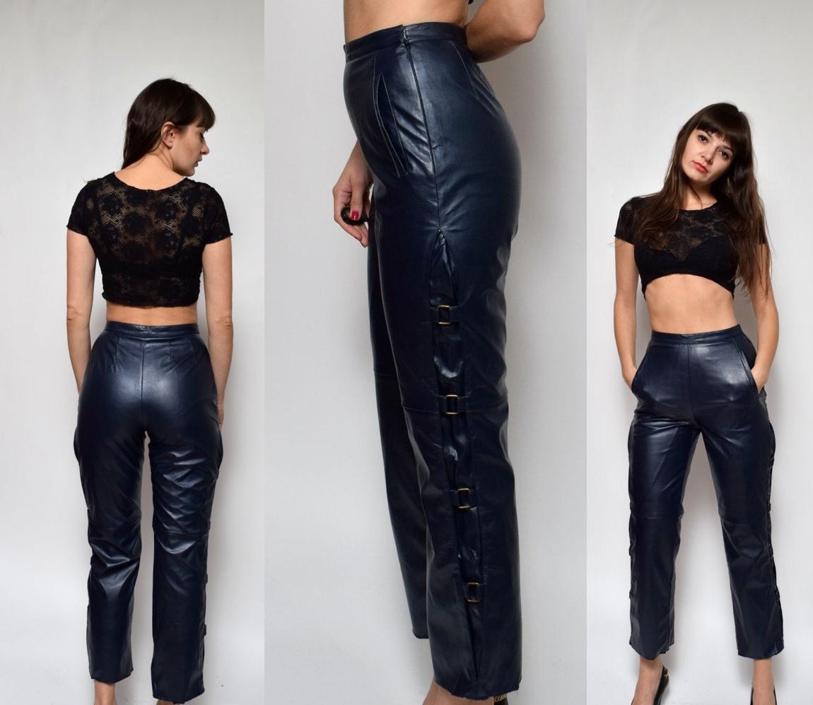 navy blue leather pants