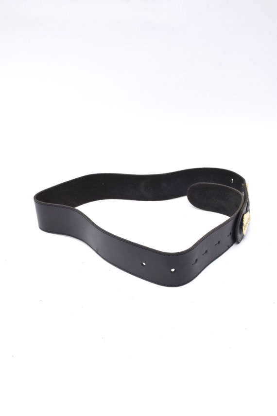 Vintage 90's Black Leather Belt with Gold Art Dec… - image 7