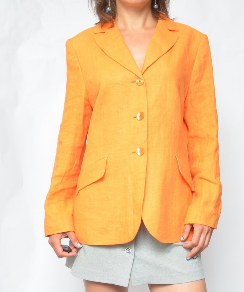 Linen Button Jacket / Vintage 90s Orange Long Button Summer Blazer Size Extra Large image 6