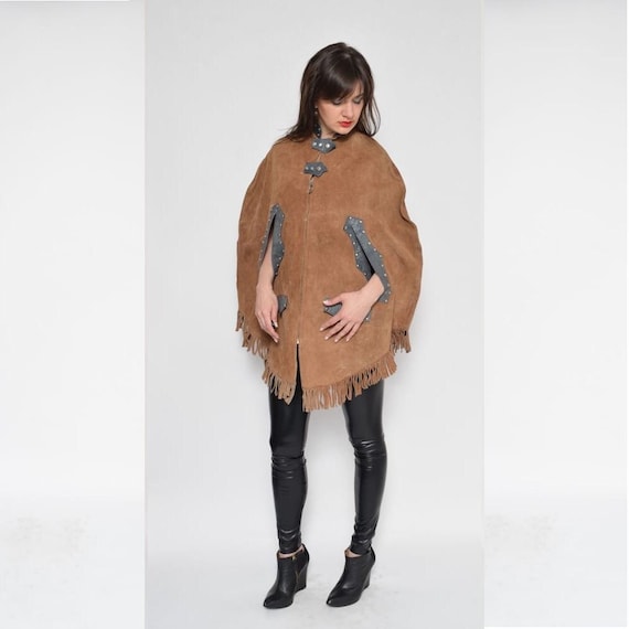 Suede Leather Fringe Cape / Vintage 70's Real Leather Southwestern Coat