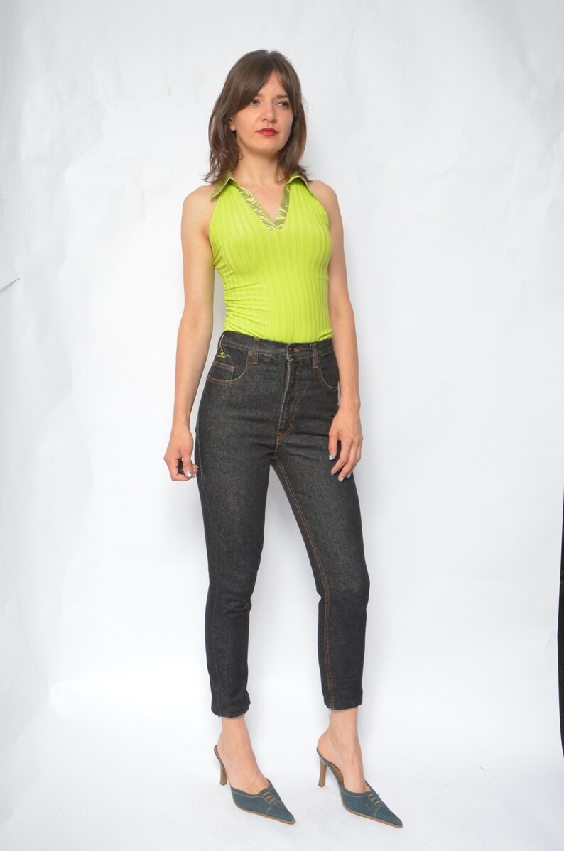 Size Small Lime Green Ribbed Top Vintage 90s Sleeveless Backless Satin Trim Pointy Collar Blouse