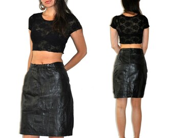 Vintage 80's Patchwork Real Leather Black Skirt