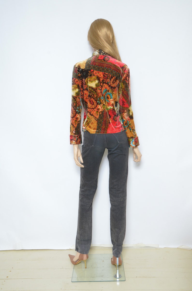 Velvet Button Top Vintage 90s Floral Colorful Long Sleeve Shirt Blouse Size Large
