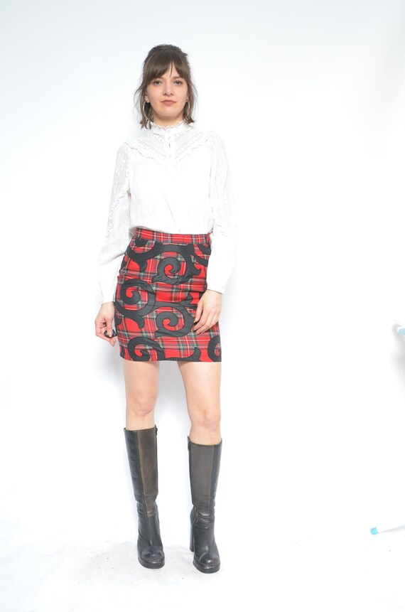 tartan Mini Skirt / Vintage 90s Embellished Red S… - image 4