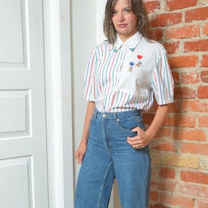 Vintage Striped Shirt with Balloon Embroidery – Size Large, Whimsical 80s Short Sleeve Top, Colorful Cotton Blouse
