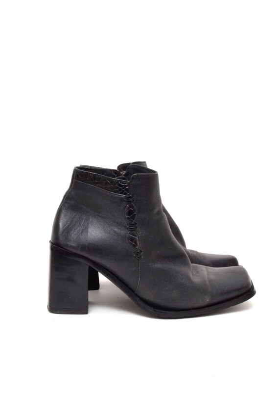 Vintage 90s Black Leather Ankle Booties - Chunky Heel Side Zip - Etsy