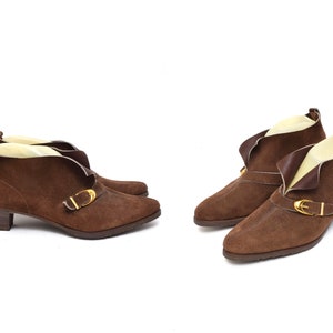 Vintage 90&#39;s Brown Italian Suede Shoe Booties with Shiny Gold Buckles