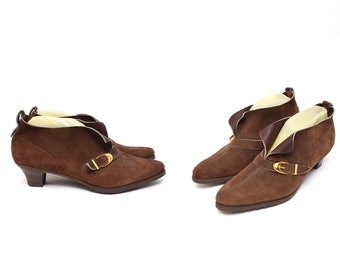 Vintage 90's Brown Italian Suede Shoe Booties with Shiny Gold Buckles