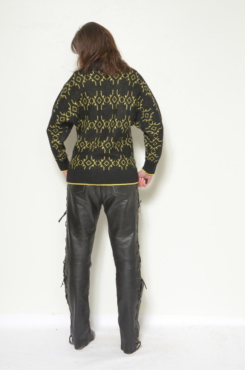 Vintage Wool Zipper Cardigan / Geometric Pattern Yellow And Black Sweater Size Small image 6