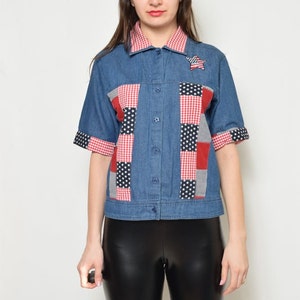 Vintage anni &#39; 90 USA blu Denim bottoni camicia / camicia Denim Patchwork - formato piccolo