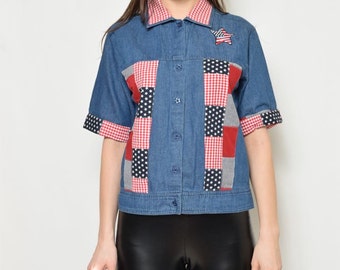 90s Vintage Patchwork Denim Shirt: USA Blue Cotton Button-Up (Size Small)