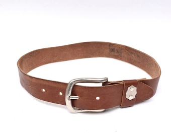 Vintage 90's Wide Brown Leather Belt with Silver Metal Buckle