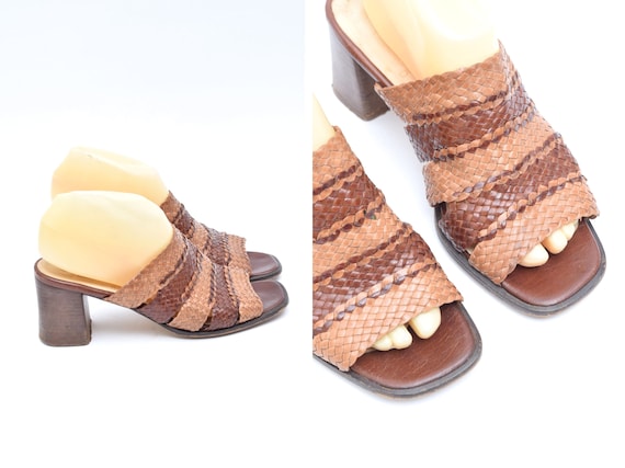 Vintage 90's Woven Brown Leather Chunky Heel Slipp