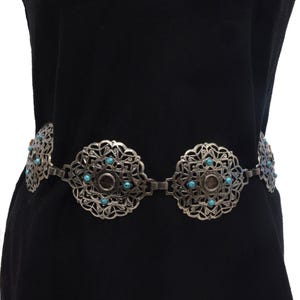 Vintage 90&#39;s Brown Suede Belt with Silver and Turquoise Metal Ornaments