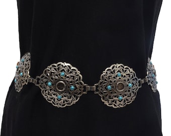 Vintage 90's Brown Suede Belt with Silver and Turquoise Metal Ornaments
