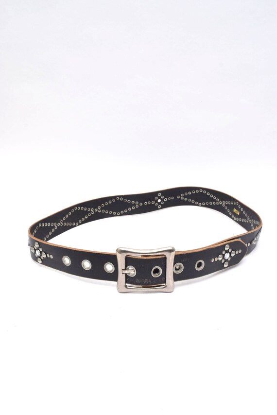 Vintage 90's Black Leather Belt with Silver Buckl… - image 2