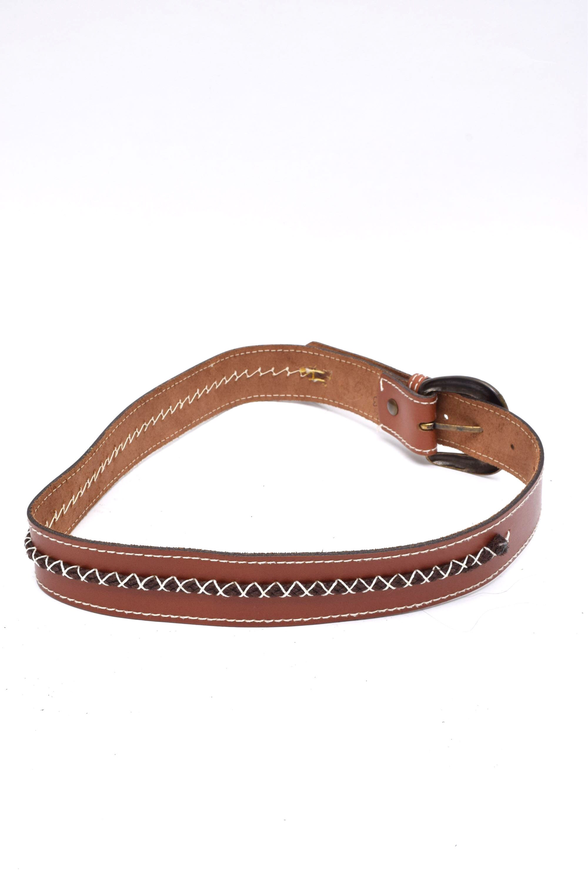 Vintage brown leather white stitching trim gold brass large buckle classic belt Vintage 90 main image 4