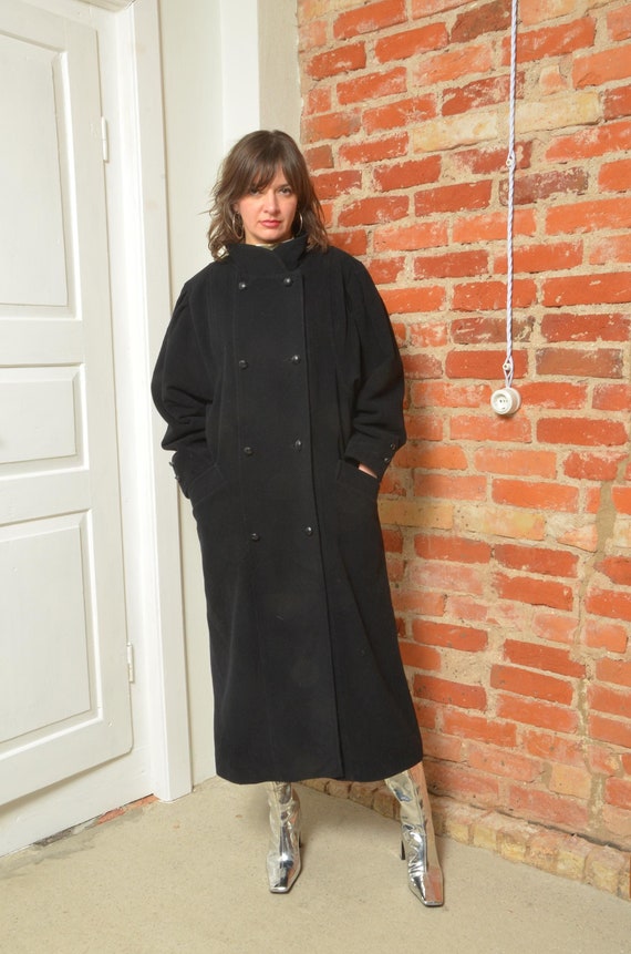 80s Vintage Long Wool Coat - Double Breasted Button Jacket