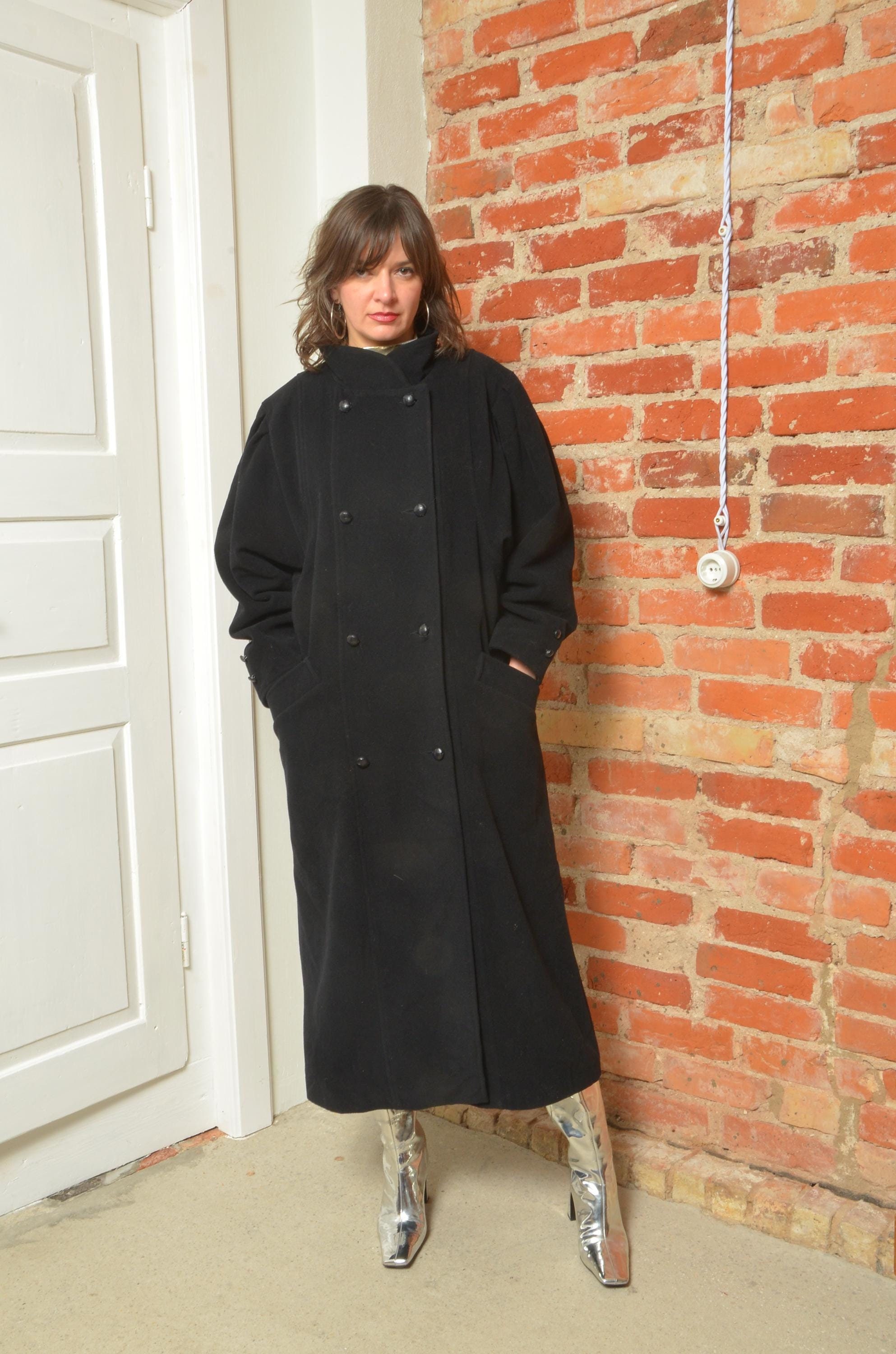80s Vintage Long Wool Coat - Double Breasted Button Jacket -S/M