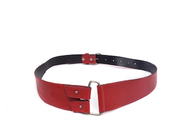 1980s Red Snakeskin Leather Belt | Double Buckle Stretch  display picture 2