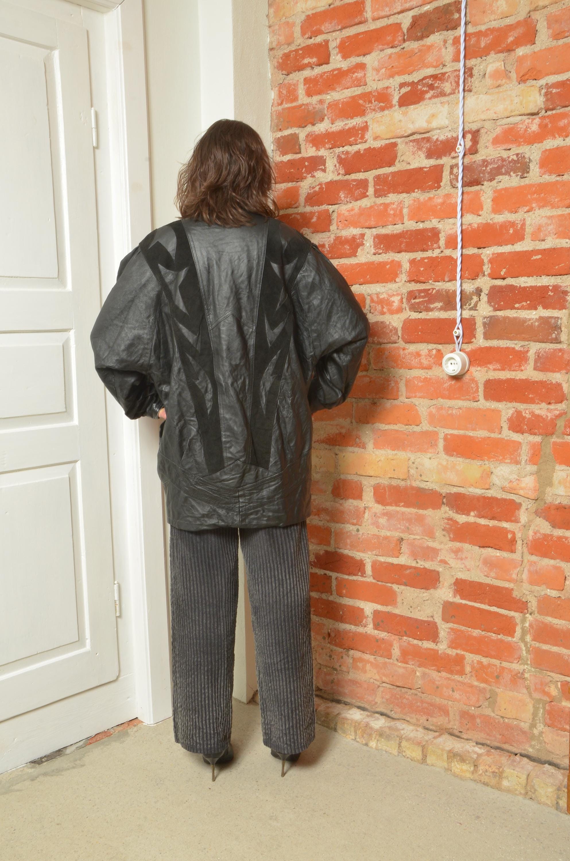 Vintage 80s Real Leather Oversized Snap Button Jacket - Size L/M