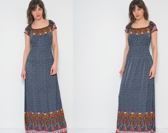Floral Shoulderless Dress / Vintage Floral Print Short Sleeve Off The Shoulder  Long  Dress - Size Medium