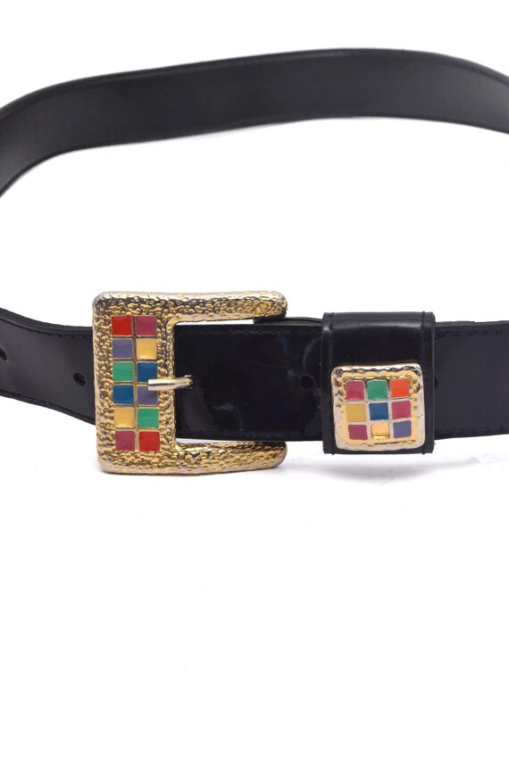 Vintage 80s Black Patent Leather Belt: Gold Multicolor  display picture 1