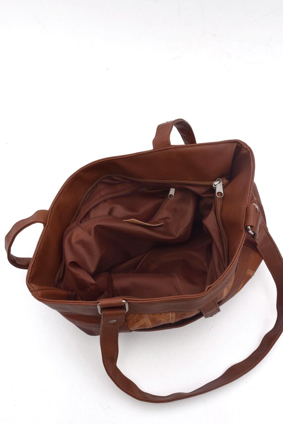 Vintage 90s Real Leather Patchwork Tote Shoulder Bag Brown