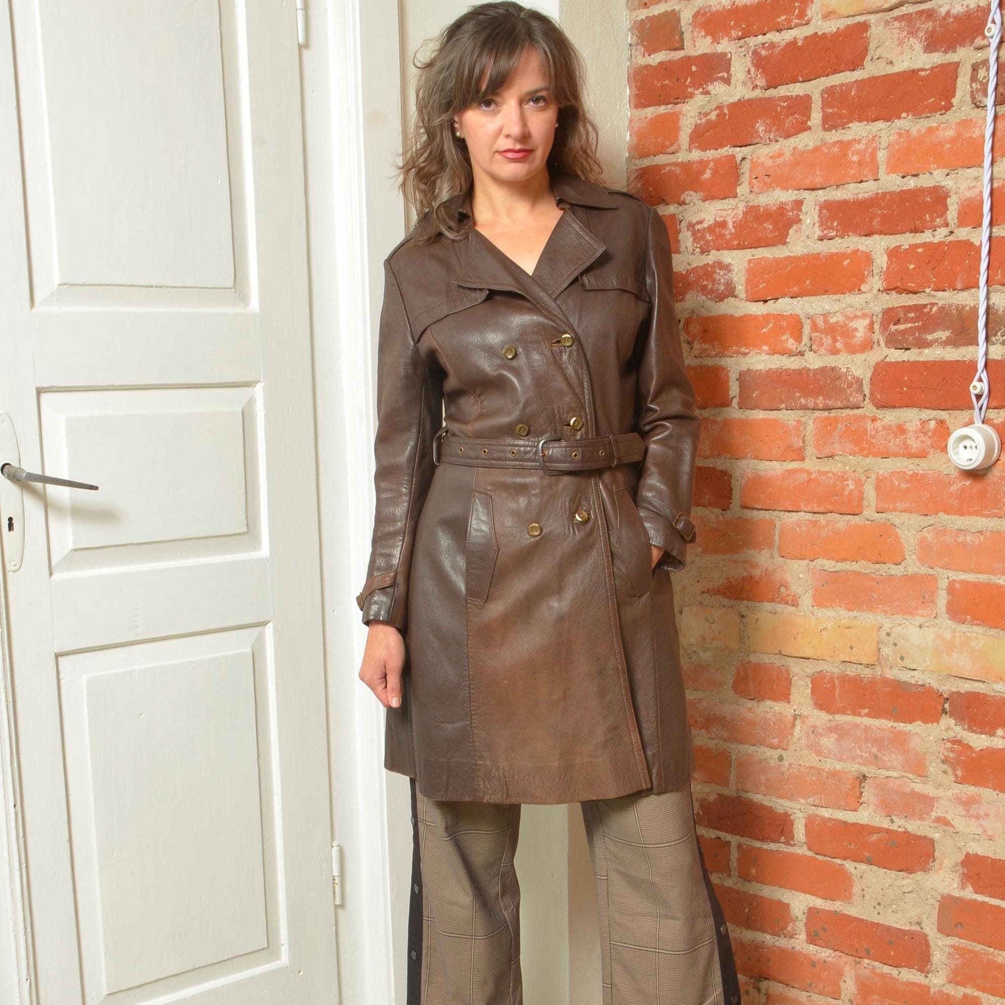 Vintage 70s Brown Real Leather Trench Coat Women's Small – Double
