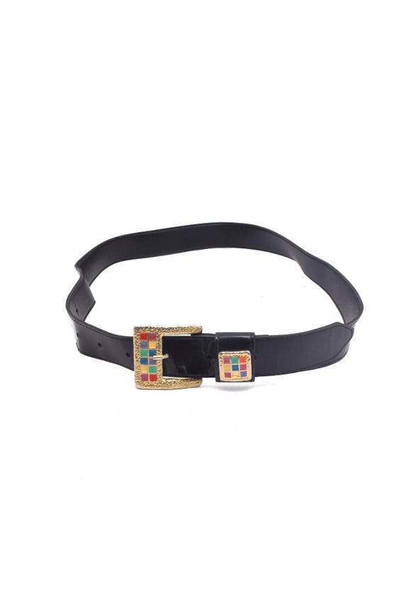 Vintage 80s Black Patent Leather Belt: Gold Multicolor  display picture 2