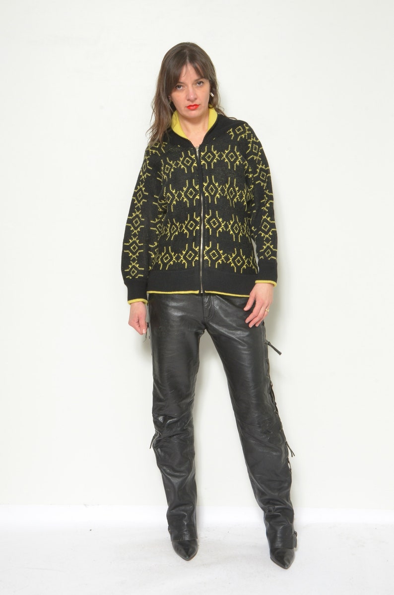 Vintage Wool Zipper Cardigan / Geometric Pattern Yellow And Black Sweater Size Small image 2