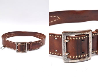 Vintage 90's Wide Brown Leather Belt with Two Prong Silver Buckle, Metal Key Loop, and White Stitch Design