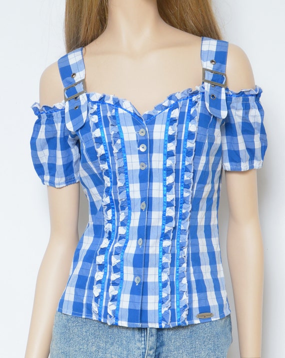 Folk Off The Shoulder Top / Vintage 90s Checkered… - image 2