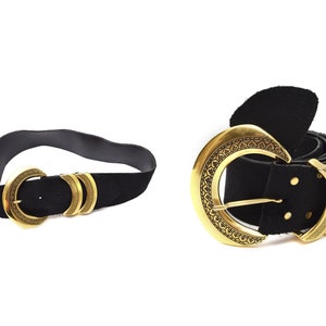 Vintage 80s Wide Black Kid Suede Belt Gold Sculptural Buckle 1980s Oversized Black Suede Belt-M/L — La Poubelle Vintage main image 4