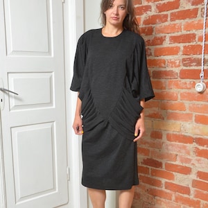 Vintage 80s Black Textured Midi Dress with Draped Side Panels, Puff Sleeves, Size Medium