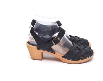 Schwedische Clogs Moheda Gewebte Schwarze Leder Größe 39 Holzabsatz Sandalen