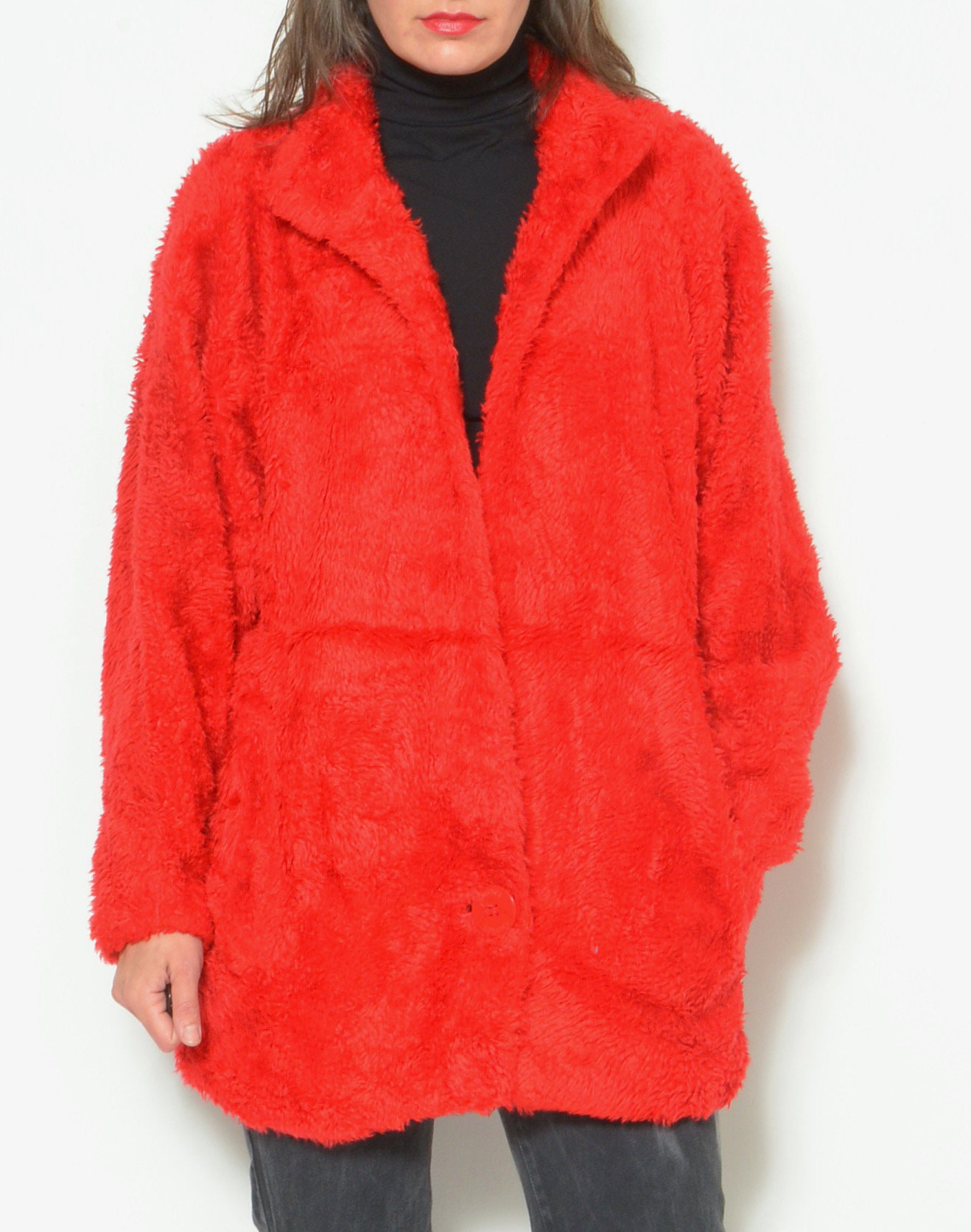 80's 90's vintage オーバーサイズ ファーコート ジャケット 80年代ヴィンテージフェイクファーコート：鮮やかなレッドのオーバー