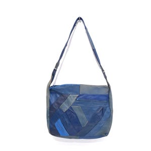 Vintage 90&#39;s Blue Real Leather Patchwork Shoulder Bag  Purse