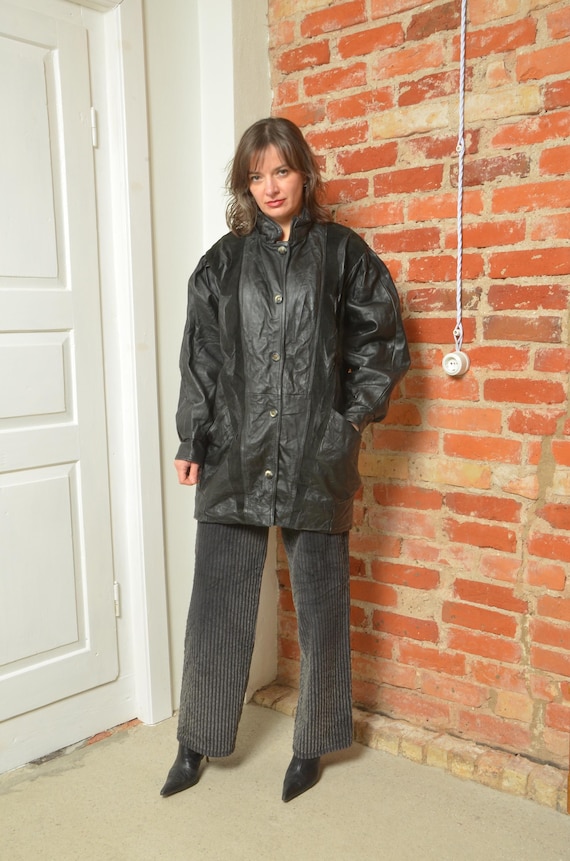 Vintage 80s Real Leather Oversized Snap Button Jacket - Size L/M