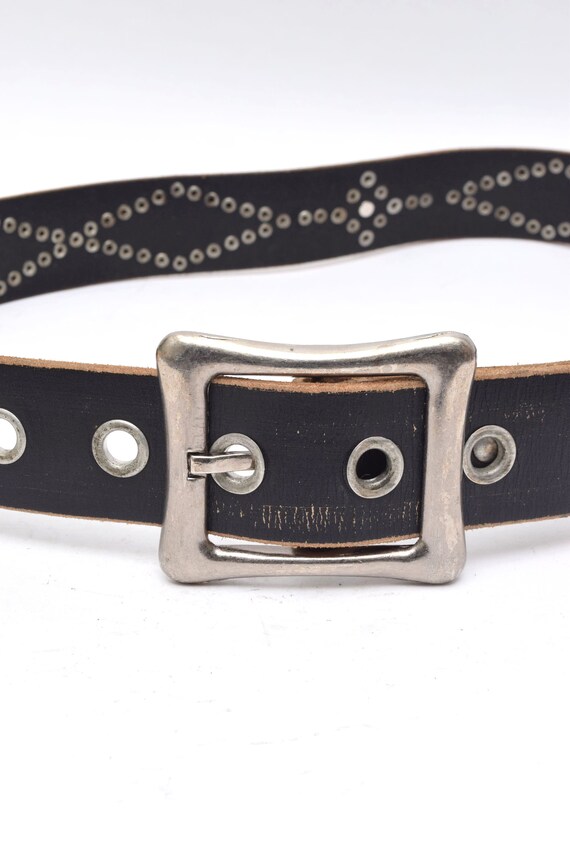 Vintage 90's Black Leather Belt with Silver Buckl… - image 3