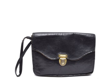 Vintage 80's Mini Black Leather Bag with Strap and Yellow Leather Lining