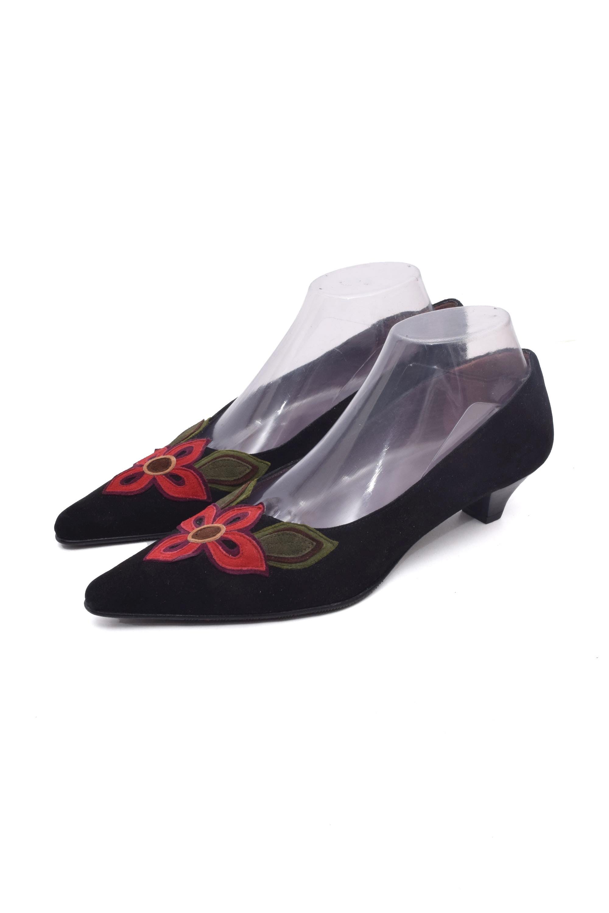 Vintage Black Suede Kitten Heel Shoes: Red Floral Appliqué, Made in…